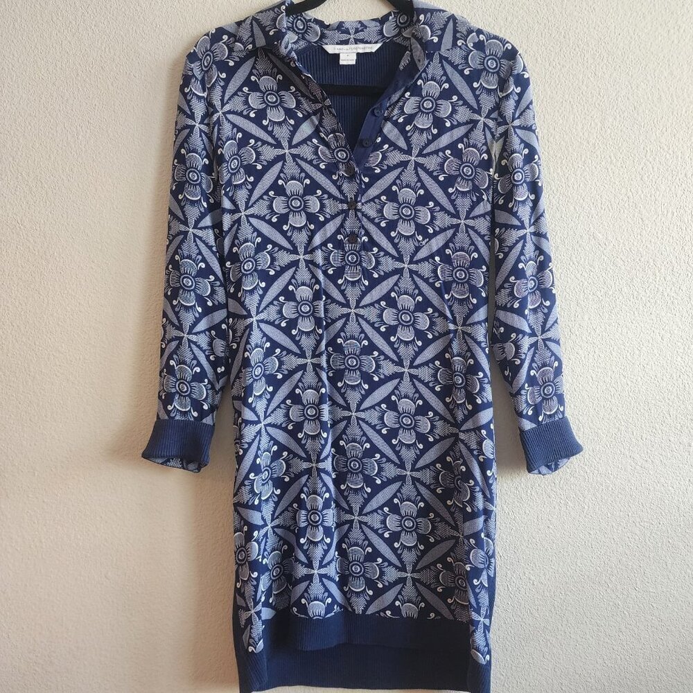 Diane Von Furstenberg 100% Silk Sweater Dress Floral Long Sleeve Blue Size P XS